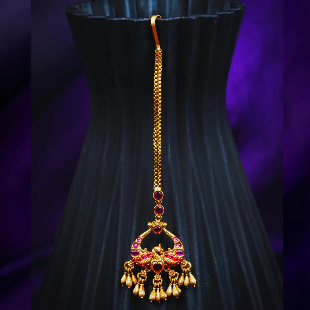 Antique Gold Plated Maang Tikka with Peacock Design R-1602
