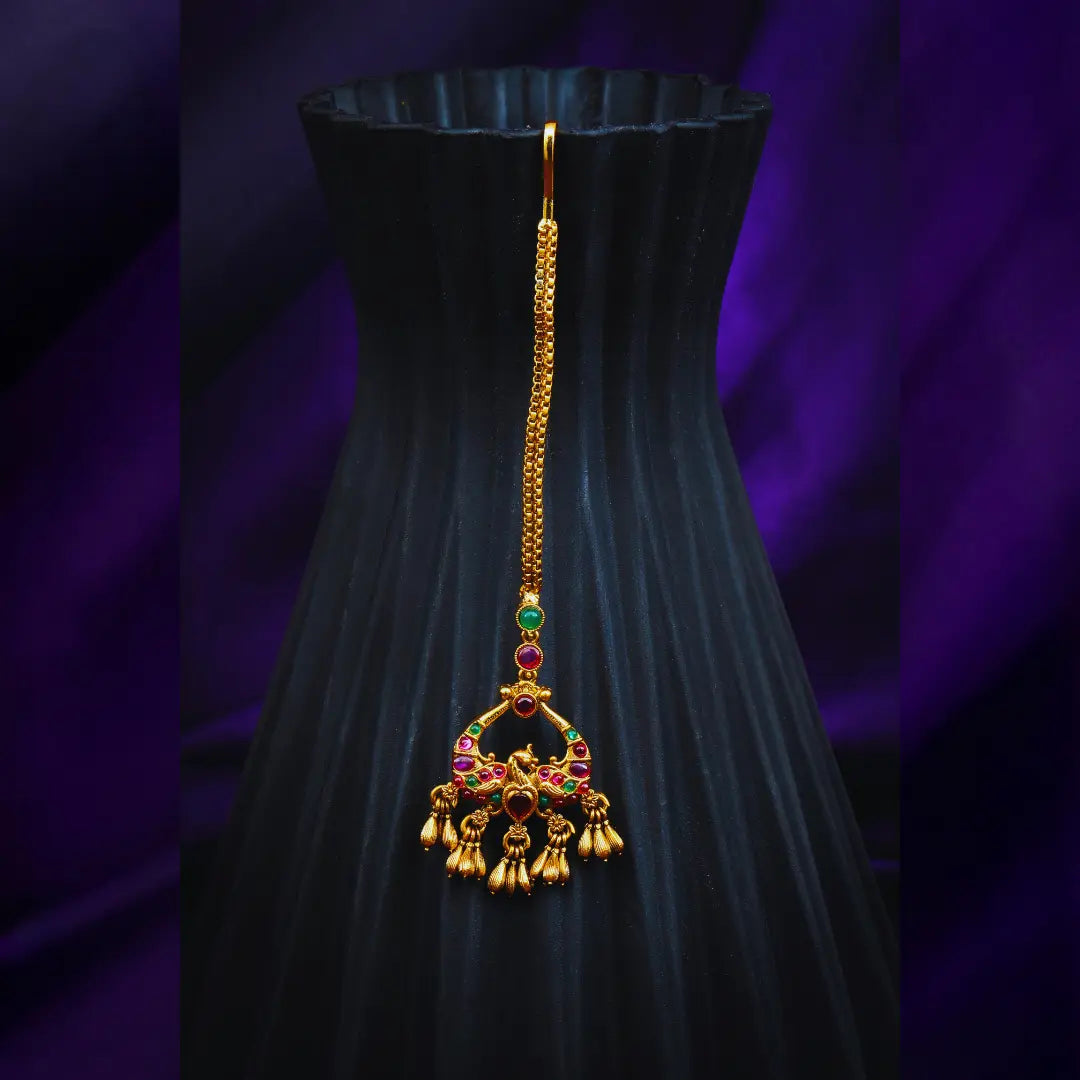Antique Gold Plated Maang Tikka with Peacock Design R-1602