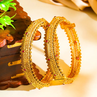 Padma Kankana Kada Bangle | Gold-Plated Lotus Temple Bridal Bangle V-2248