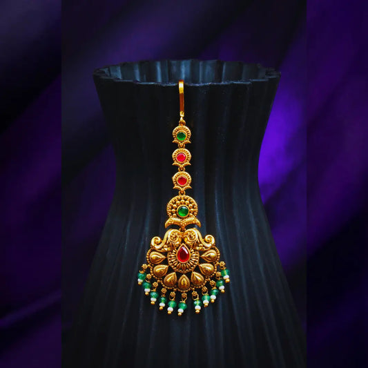 Temple Maang Tikka with Red & Green Stones