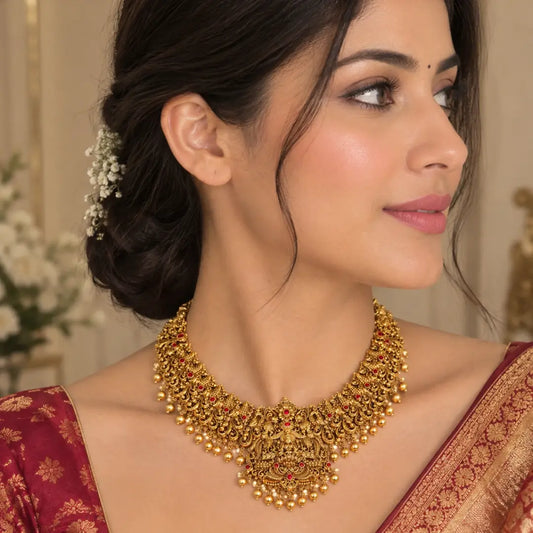Pachi Swarna Muthu Mala Haar Short Necklace Set | Gold-Plated Temple J-1049