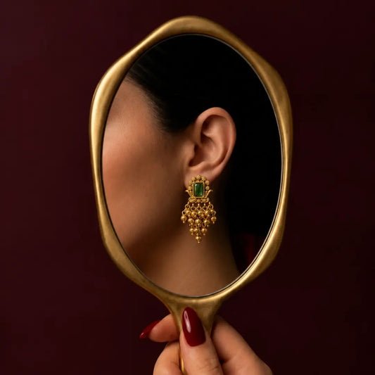Emerald Gundla Gold Ball Temple Drop Earrings Bali R-2160