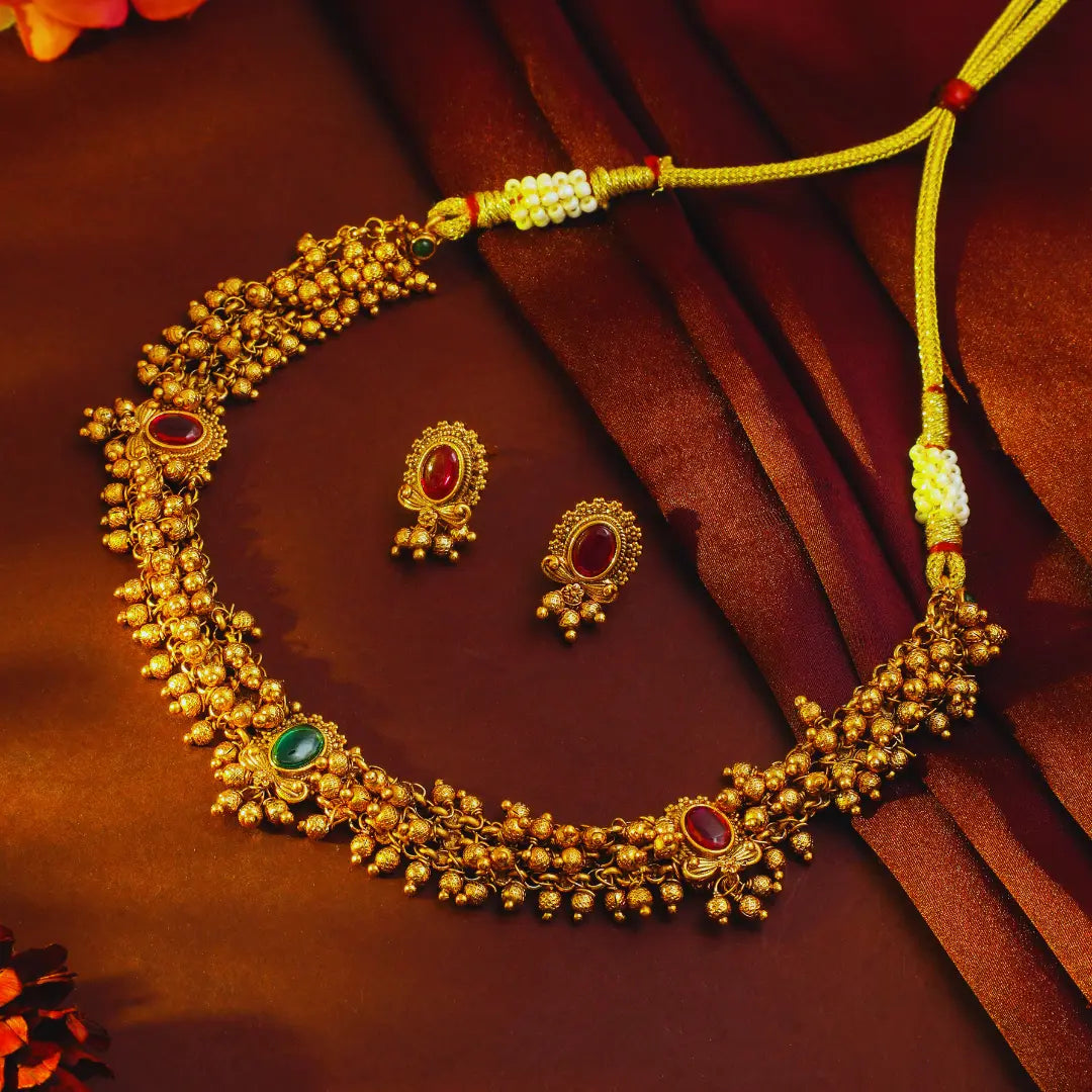 Bridal Temple Short Necklace Set – Antique Gold-Plated Ruby Design