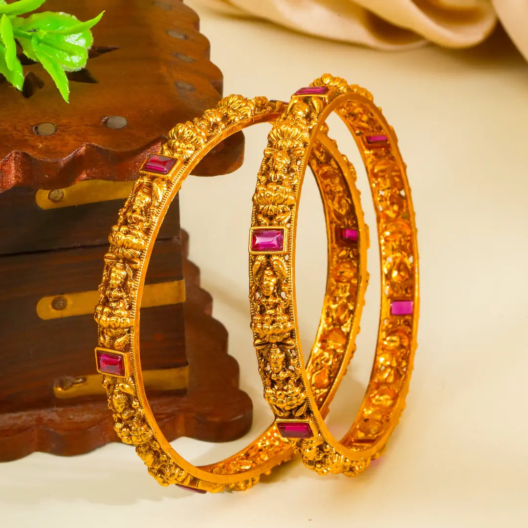 Indira Vilasa Paired Bangle | Gold-Plated Lakshmi Splendour Bangle Set V-2392
