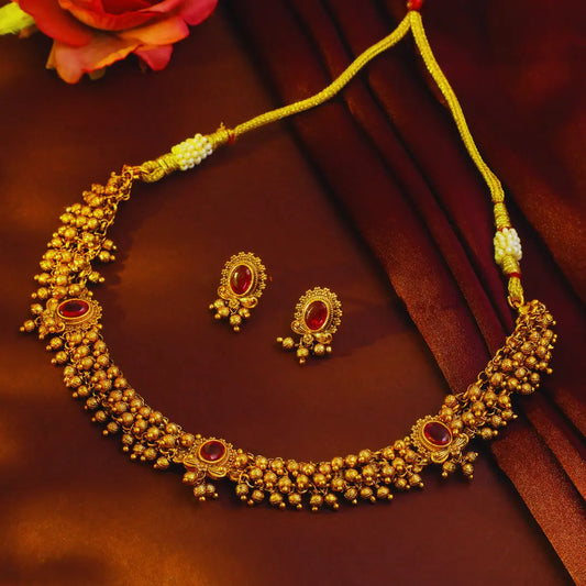 Bridal Temple Short Necklace Set – Antique Gold-Plated Ruby Design