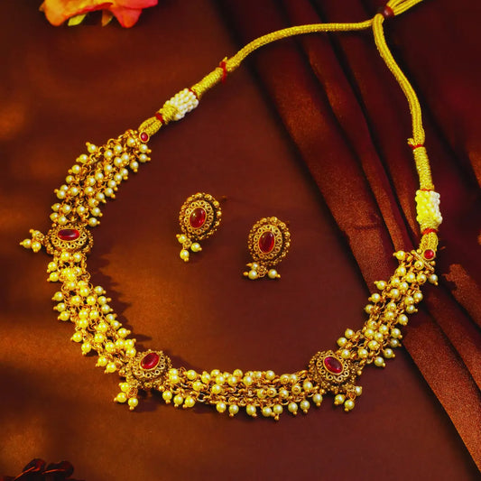 Classic South Temple Short Necklace Set – Ruby, Emerald & Pearl Detailing