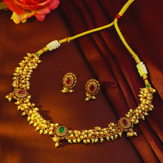 Classic South Temple Short Necklace Set – Ruby, Emerald & Pearl Detailing