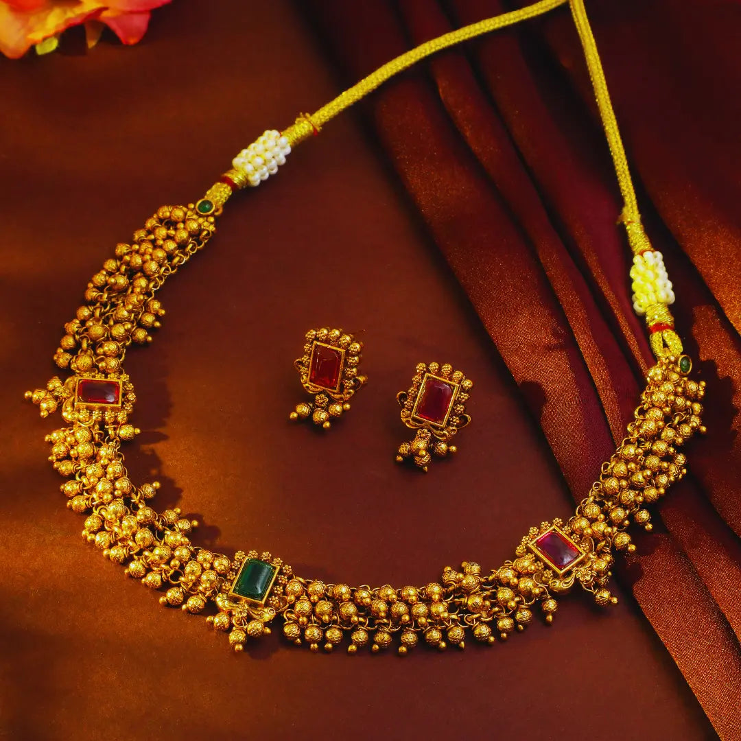 Gold-Plated Temple Necklace – Ruby & Pearl Elegance