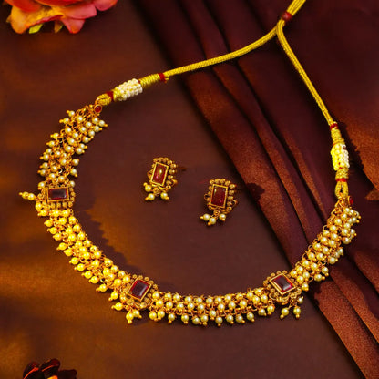 Gold-Plated Temple Necklace – Ruby & Pearl Elegance