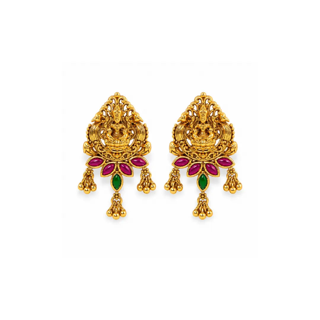 Gold Plated Temple Bali with Laxmi Design & Multicolor Stones V-1657