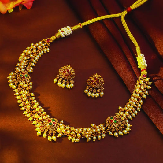 South Indian Temple Necklace Set – Pearl & Gemstone Beauty