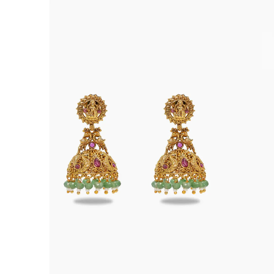 Temple Jhumka Earrings with Laxmi Motif & Green Beads V-562