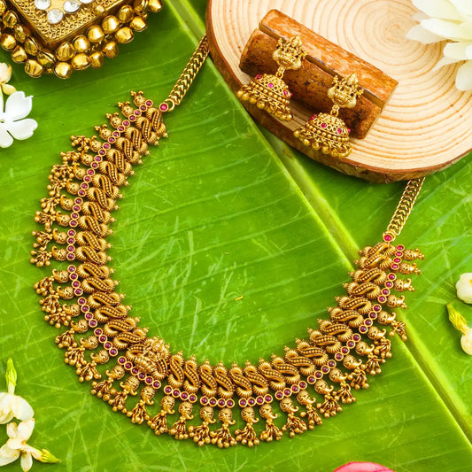 Antique Temple Jewellery Short Necklace Set with Jhumka Earrings