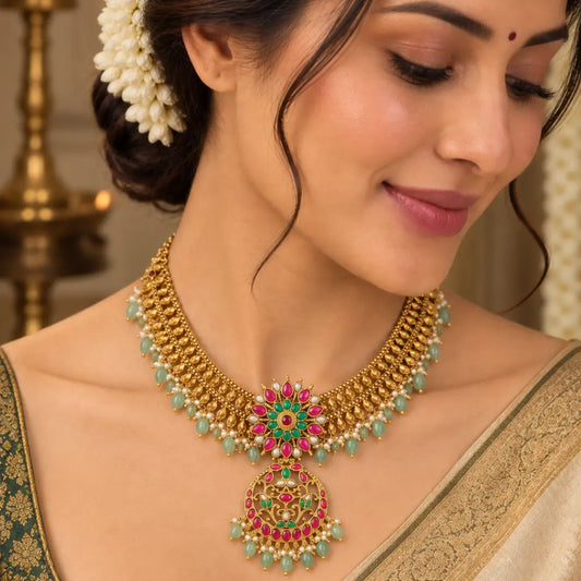 Floral Temple Jewellery Short Necklace Set with Pendant & Jhumka J-1069
