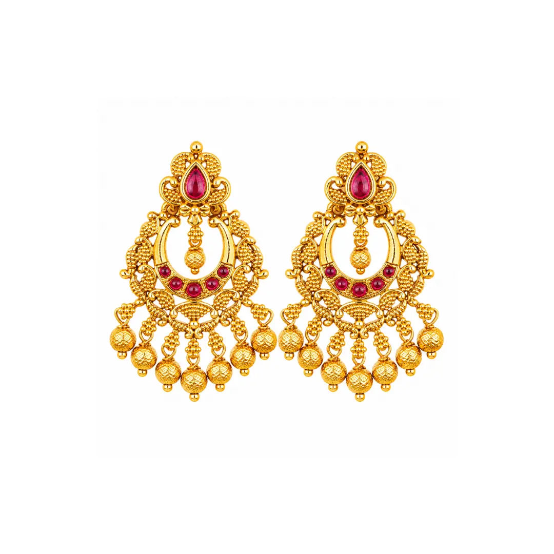 Traditional Temple Chandbali Earrings with Red & Green Stones k-300