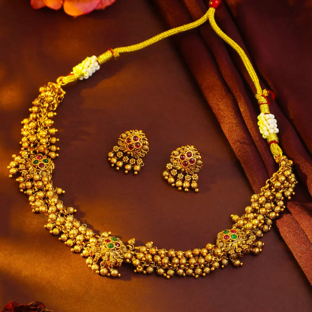South Indian Temple Necklace Set – Pearl & Gemstone Beauty