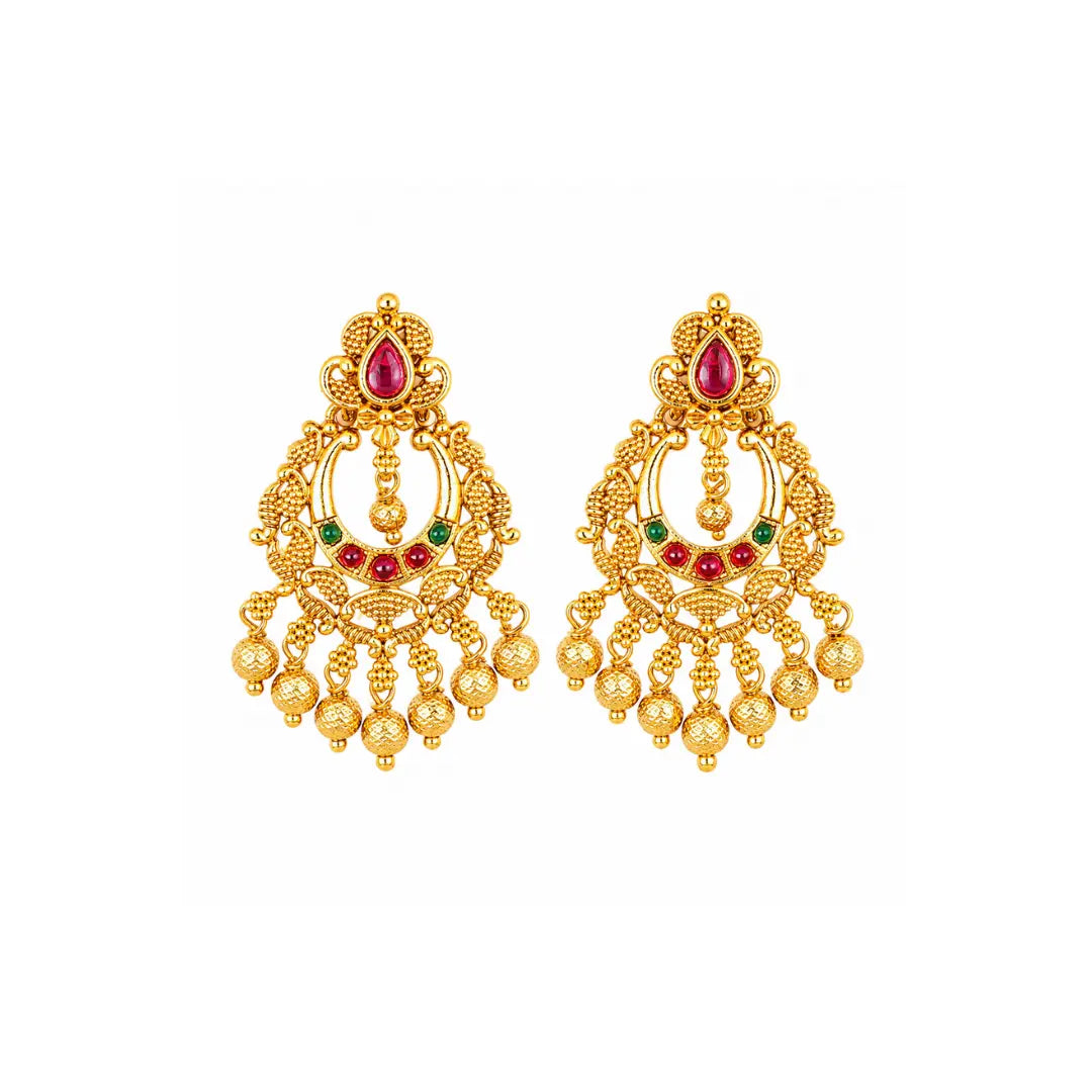 Traditional Temple Chandbali Earrings with Red & Green Stones k-300