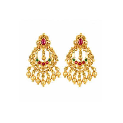Traditional Temple Chandbali Earrings with Red & Green Stones k-300