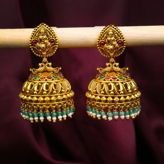 Antique Gold-Plated Laxmi Jhumka with white and green motif 