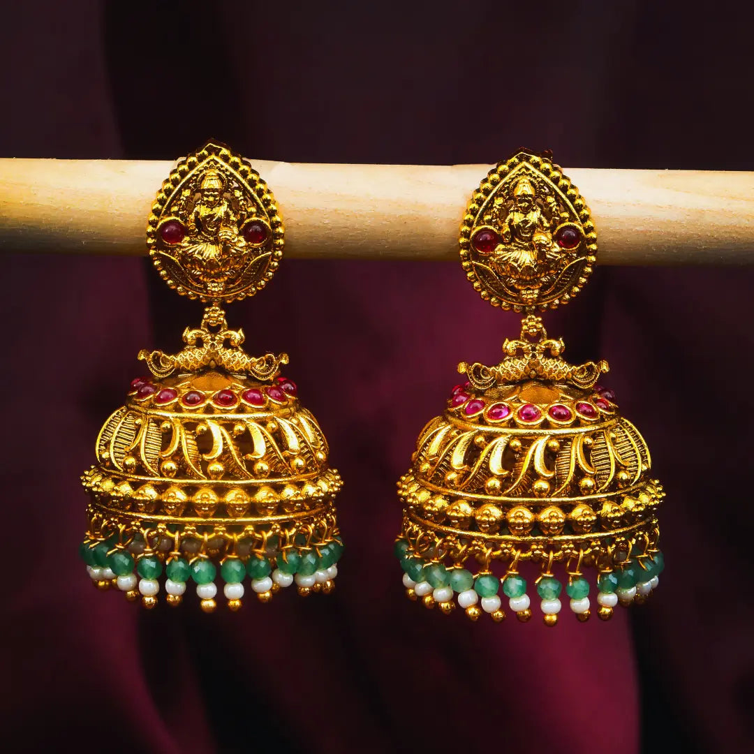 Antique Gold-Plated Laxmi Jhumka with white and green motif 