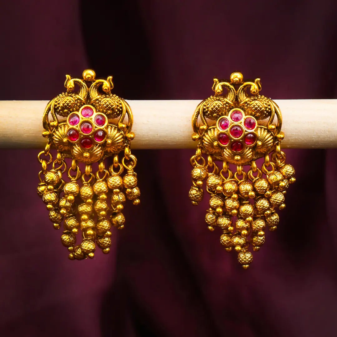Peacock Design Gold Plated Jhumka with Pink Stones
