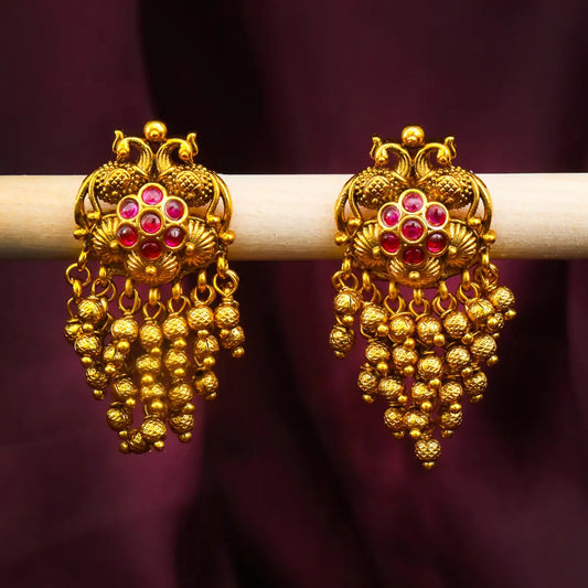Peacock Design Gold Plated Jhumka with Pink Stones