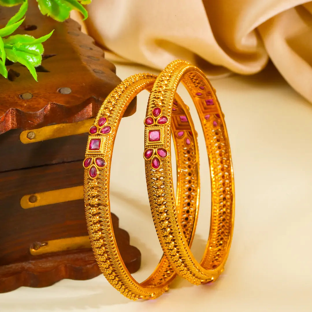 Lalita Tarangini Paired Bangle | Gold-Plated Goddess Wave Bangle Set V-2485