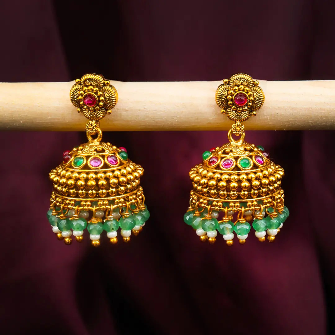 Temple Gold-Plated Flower Jhumka with Pink Stones & Green Beads