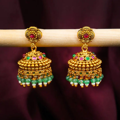 Temple Gold-Plated Flower Jhumka with Pink Stones & Green Beads