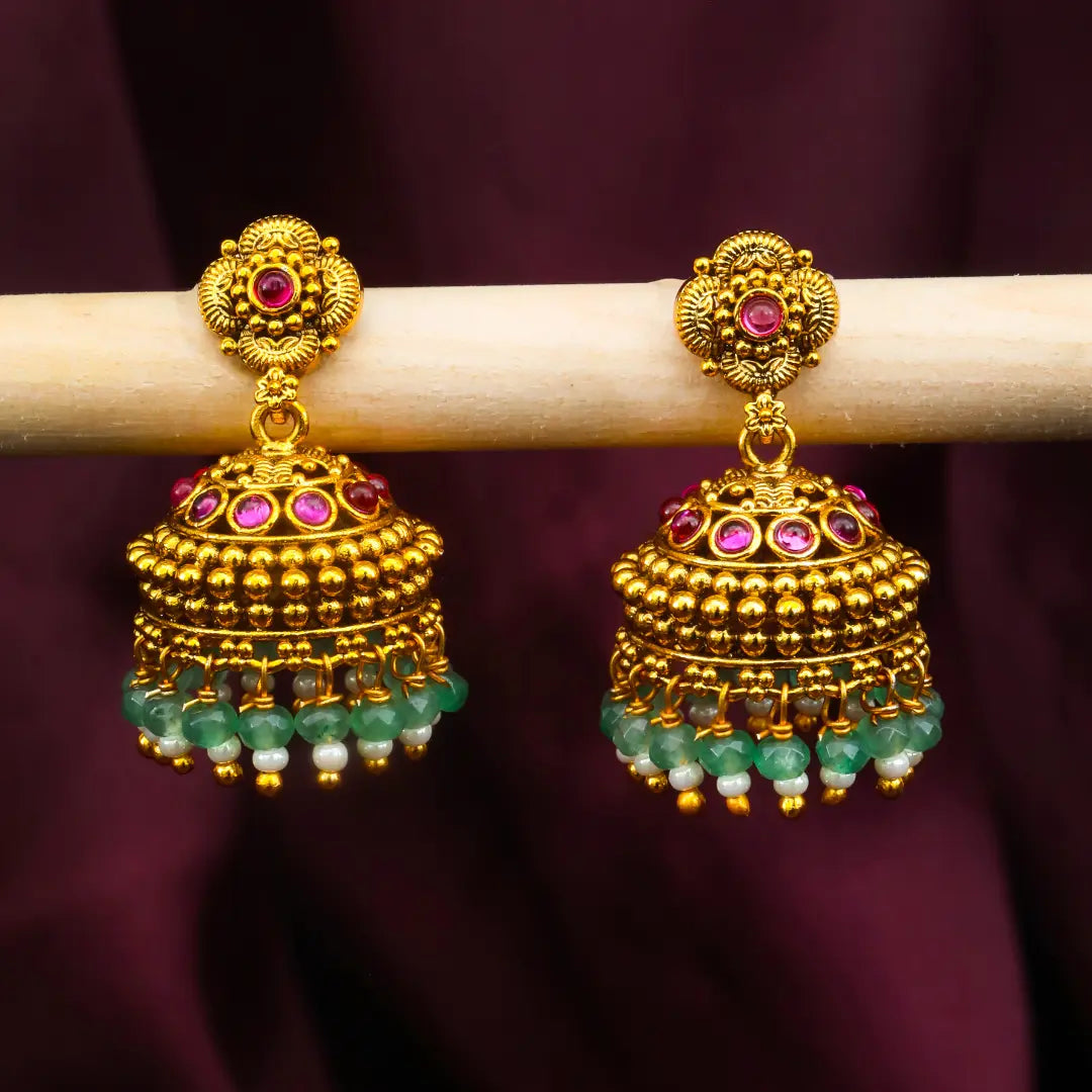 Temple Gold-Plated Flower Jhumka with Pink Stones & Green Beads