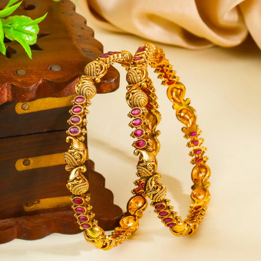 Saroja Valaya Paired Bangle | Gold-Plated Lotus Temple Bangle Set V-2246