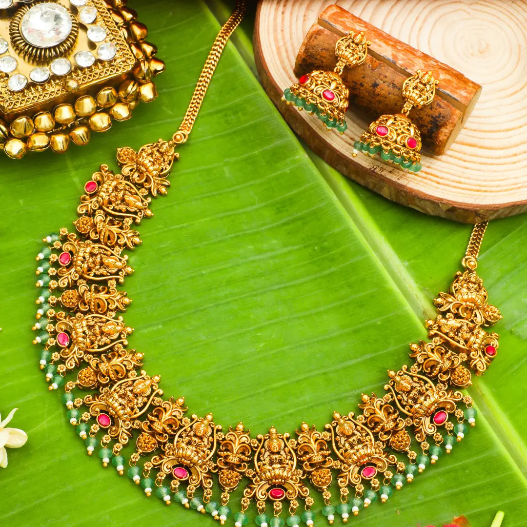 Lakshmi Temple Jewellery Short Necklace Set with Green Beads