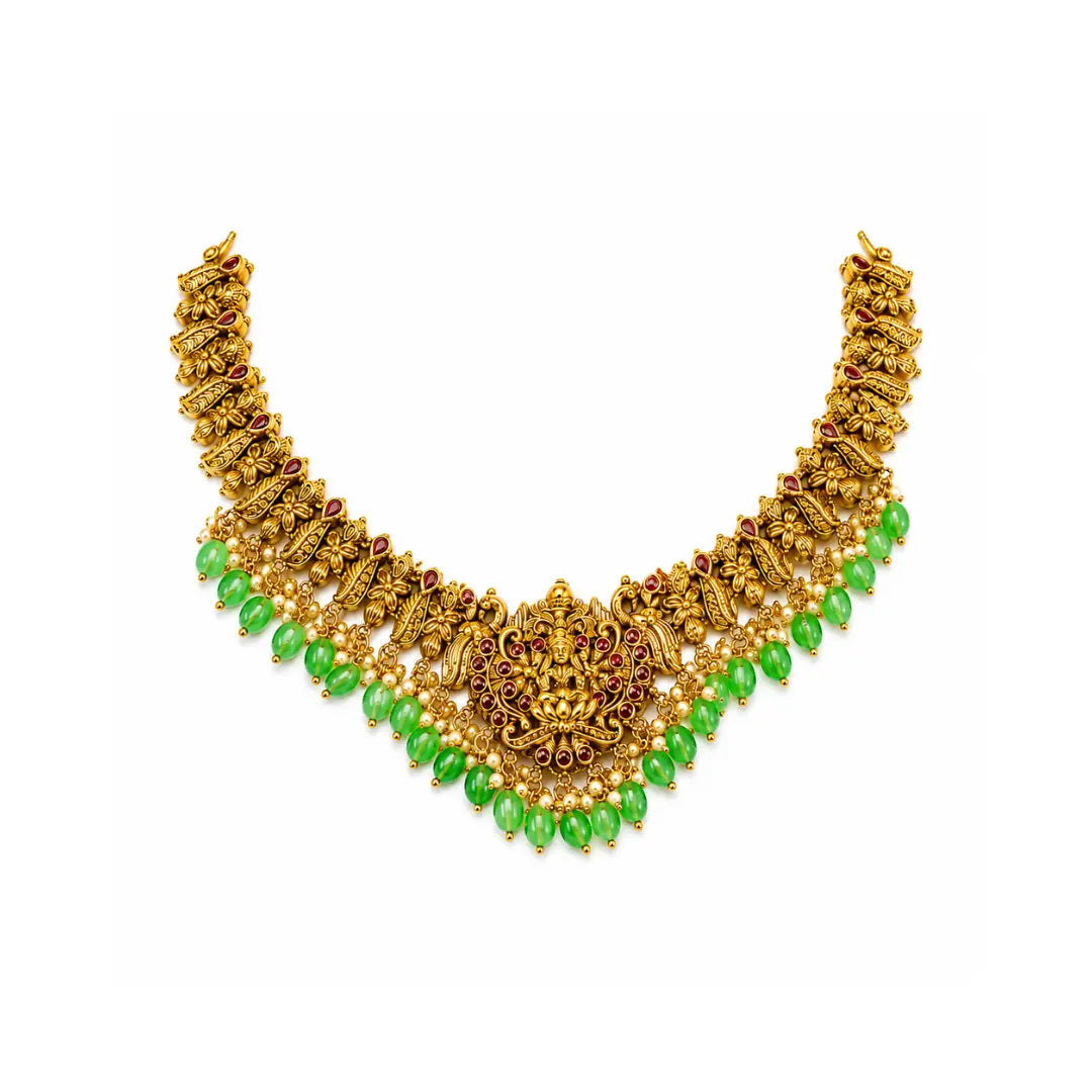 Lakshmi Bhushana Kantha Short Necklace Set | Gold-Plated Temple Jewellery K-1895N