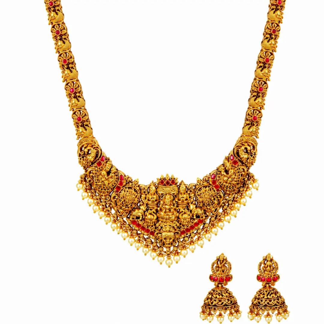 Rukmini Bhushana Kantha Long Necklace Set | Gold-Plated Temple Jewellery J-1056