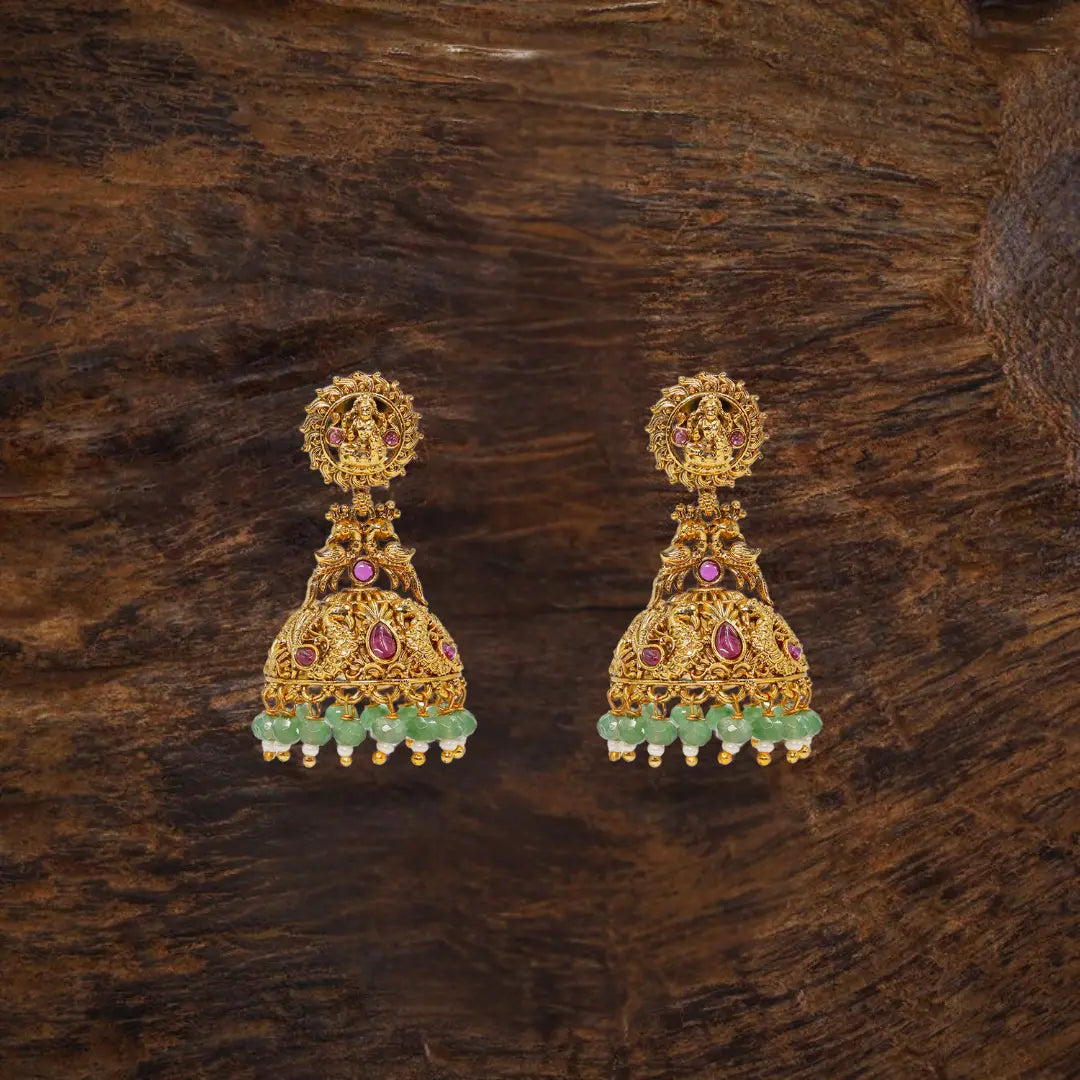 Temple Jhumka Earrings with Laxmi Motif & Green Beads V-562