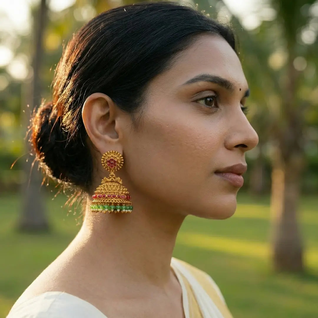 Vasudha Pushpa Jhumka | Gold-Plated Earth Floral Temple Earrings