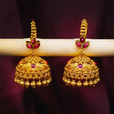 Temple Gold-Plated Jhumka with Leaf Petal Design & Pink-Green Stones R-1909