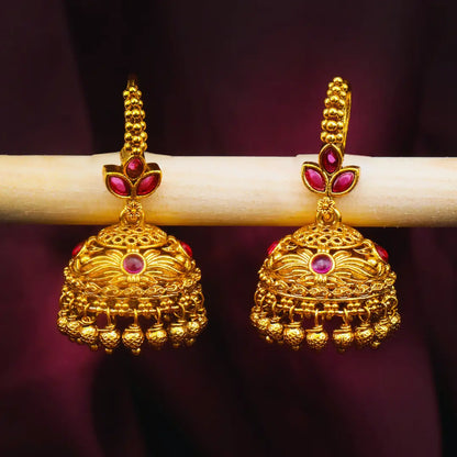 Temple Gold-Plated Jhumka with Leaf Petal Design & Pink-Green Stones