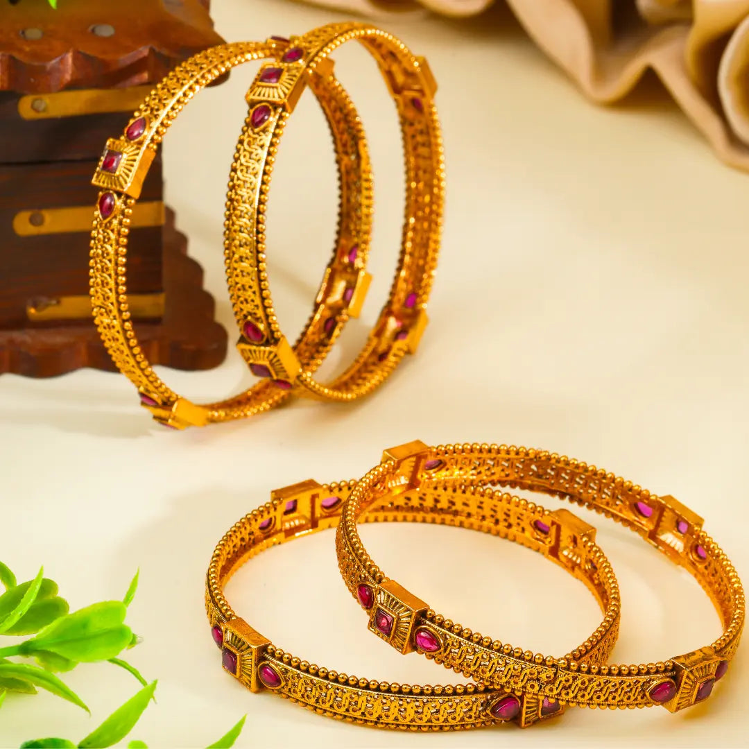 Mohini Manjari Paired Bangle | Gold-Plated Enchanting Blossom Bangle Set V-2471