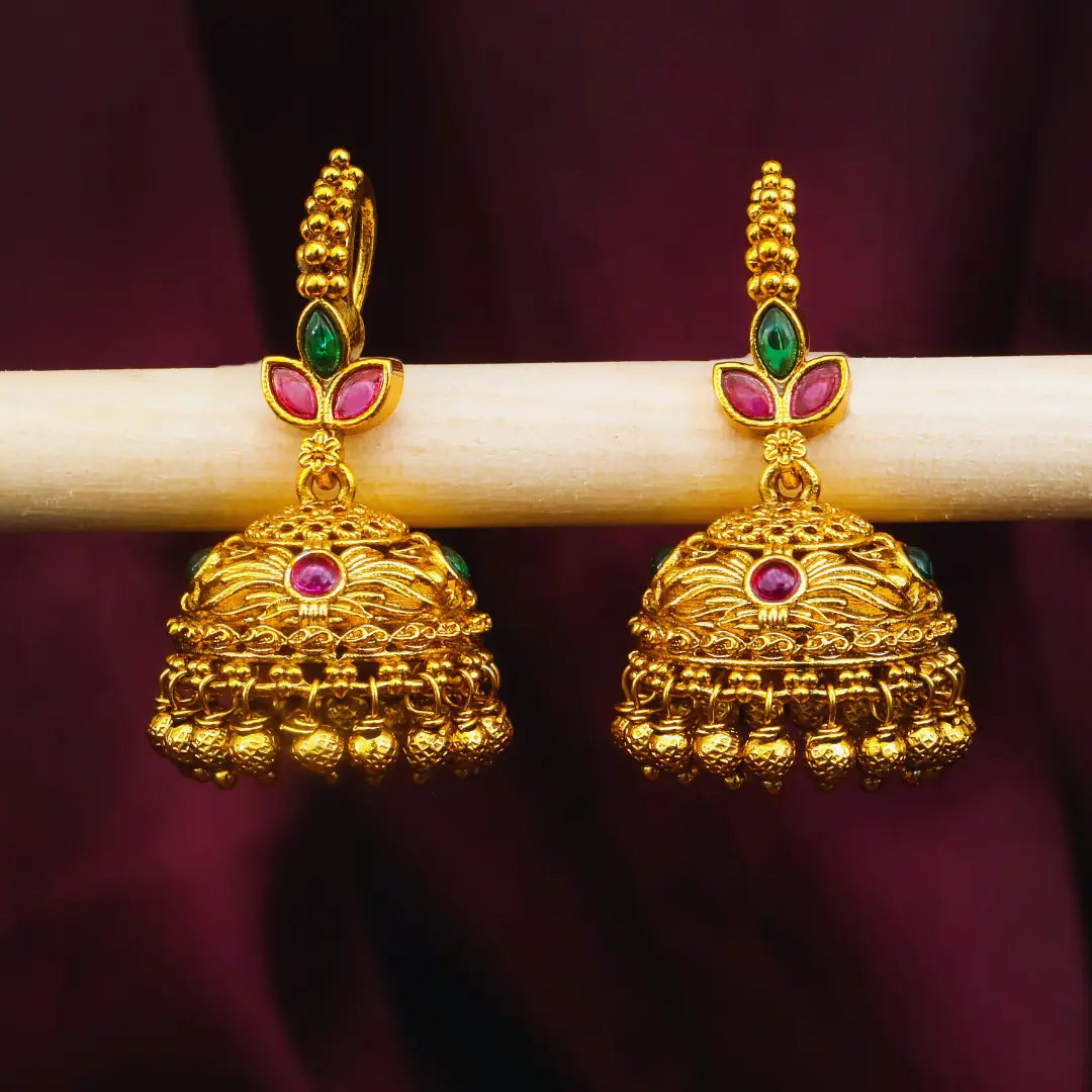 Temple Gold-Plated Jhumka with Leaf Petal Design & Pink-Green Stones