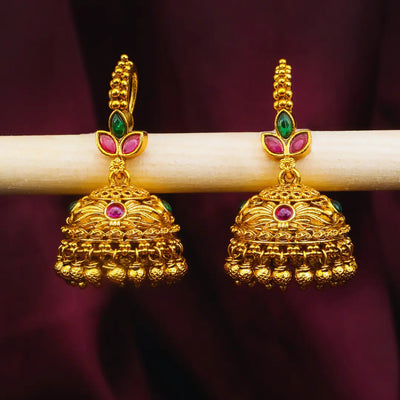 Temple Gold-Plated Jhumka with Leaf Petal Design & Pink-Green Stones