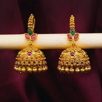 Temple Gold-Plated Jhumka with Leaf Petal Design & Pink-Green Stones