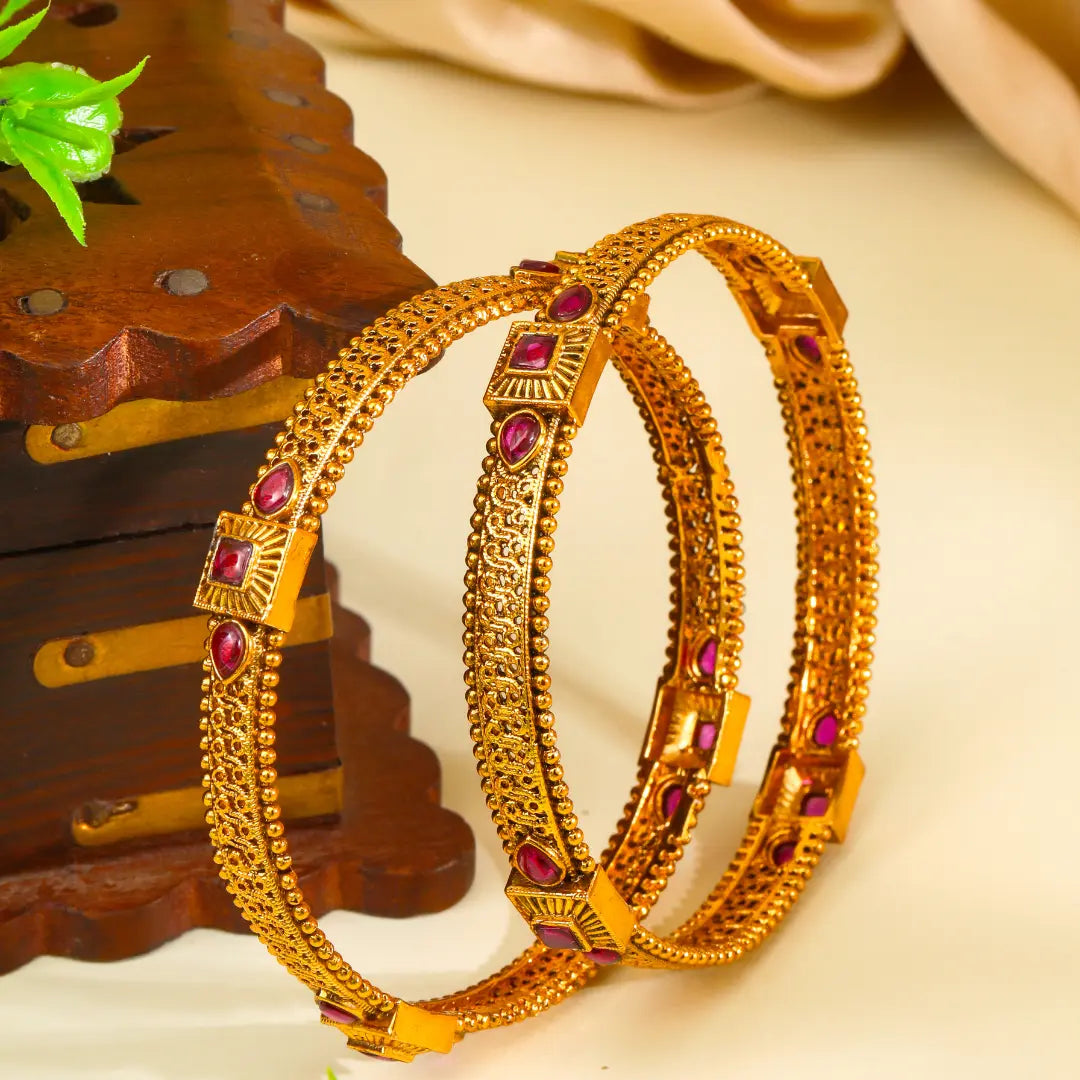 Mohini Manjari Paired Bangle | Gold-Plated Enchanting Blossom Bangle Set V-2471