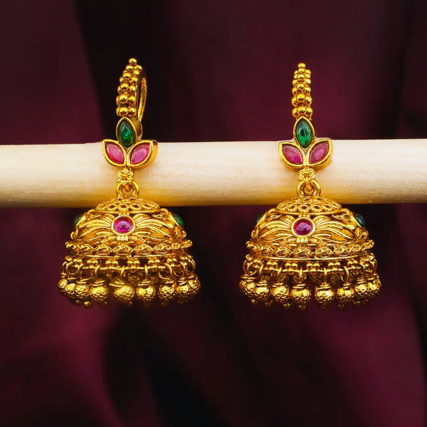 Temple Gold-Plated Jhumka with Leaf Petal Design & Pink-Green Stones