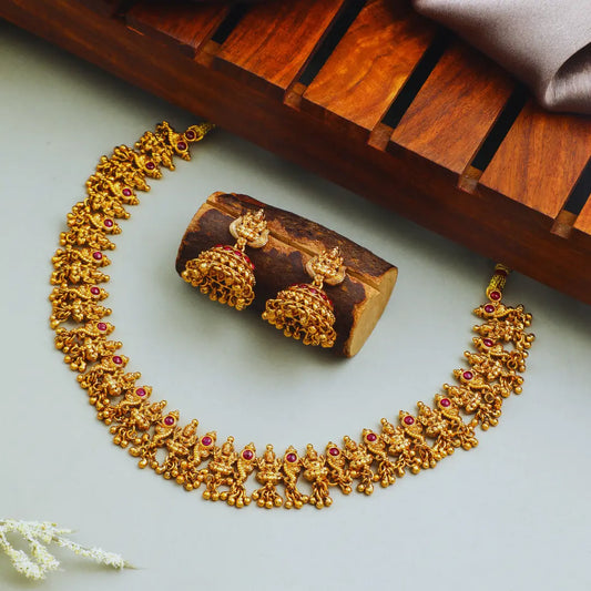 Antique Gold-Plated Temple Necklace Set – Bridal Short Design