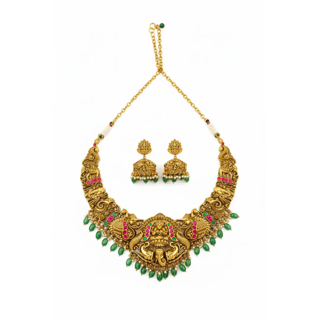 Heritage Temple Jewellery Short Necklace Set with Laxmi Design | Bridal Gold Look J-1243