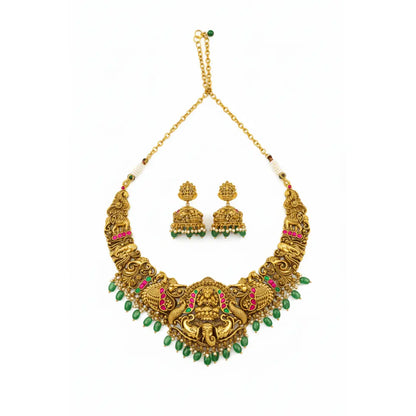 Heritage Temple Jewellery Short Necklace Set with Laxmi Design | Bridal Gold Look J-1243