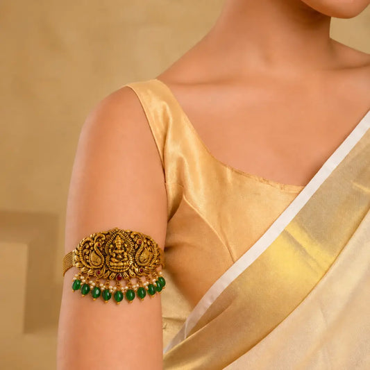 Minimal Temple Jewellery Baju Band | Ethnic Gold Plated Armlet V-1476