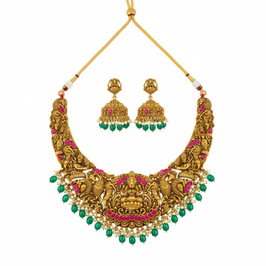 Minimal Bridal Temple Jewellery Short Necklace Set – Laxmi Motif J-1240