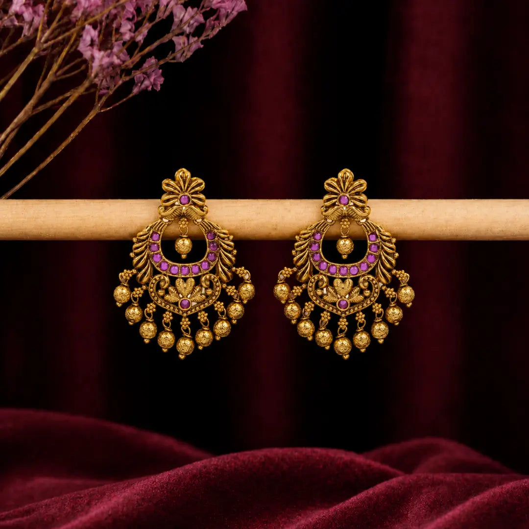 Antique Chandbali with Ruby & Green Beads – R-1057